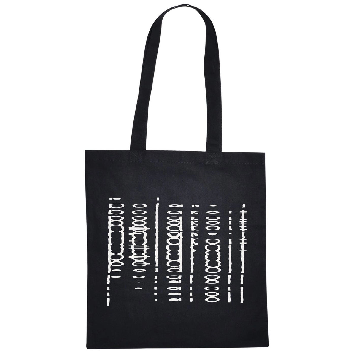 Black tote bag with long handles, featuring an abstract white barcode-style graphic print