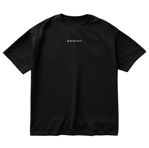 Black oversized T-shirt, front view, with small white 'polaroit' logo print on chest